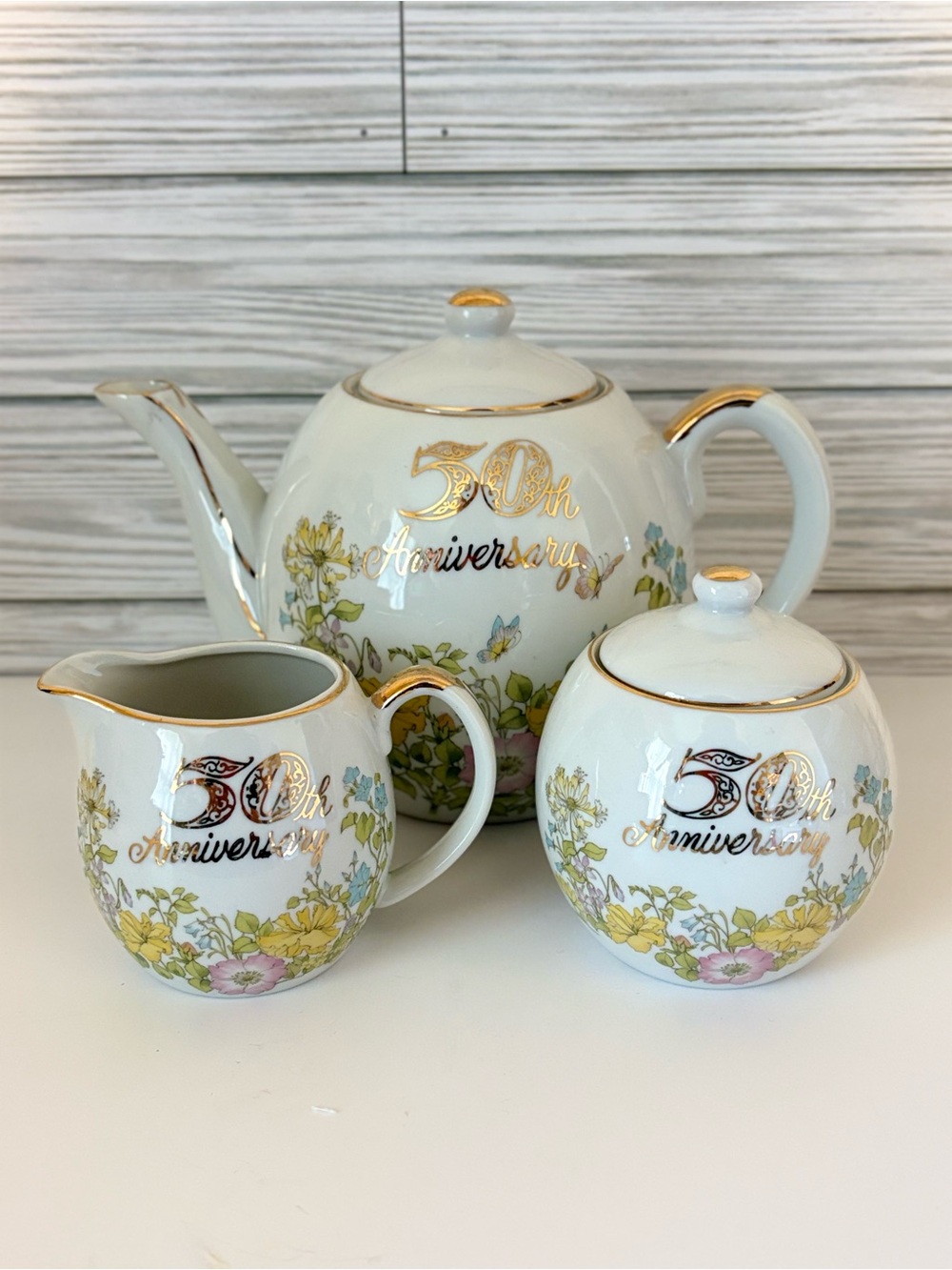 Arnart MCM Japan AR-651 50th Wedding Anniversary 3Pc Gilded Porcelain Tea Set